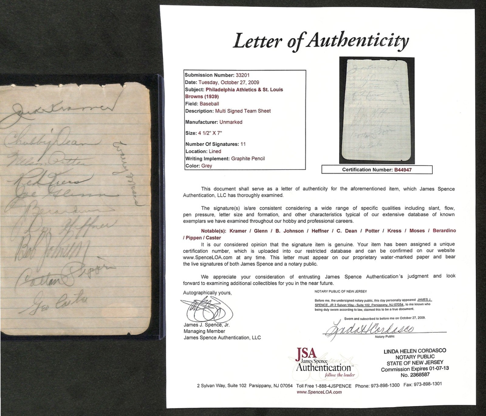 1939 Multi Signed Team 4.5"x7" Sheet Philadelphia and St. Louis JSA Authentic