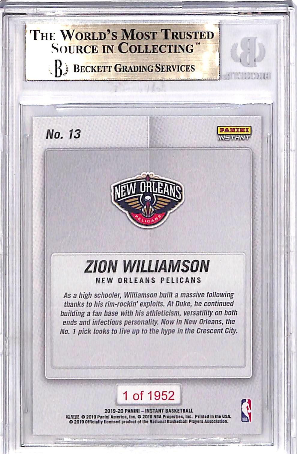 2019 Panini Instant Zion Williamson #13 /1952 BGS 9.5