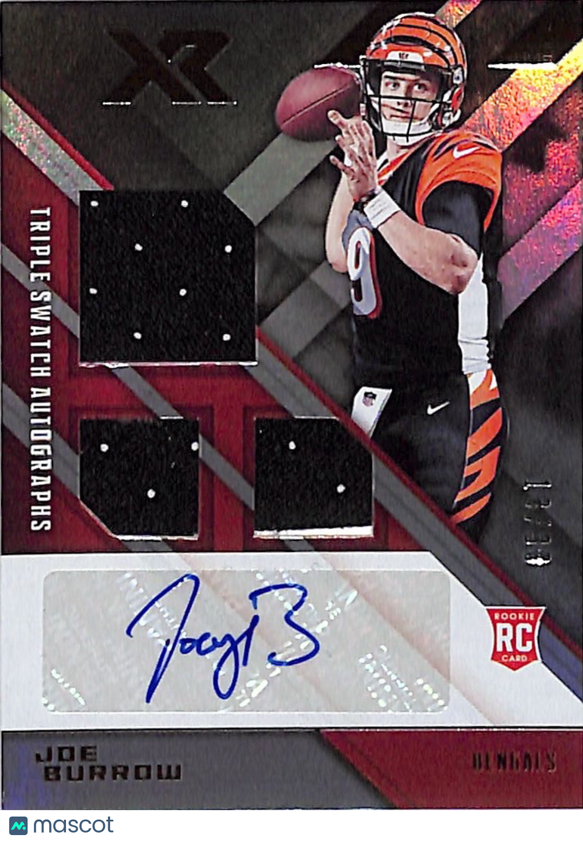 2020 Panini XR Joe Burrow Rookie Patch Autograph /30 Triple RC #201 Bengals