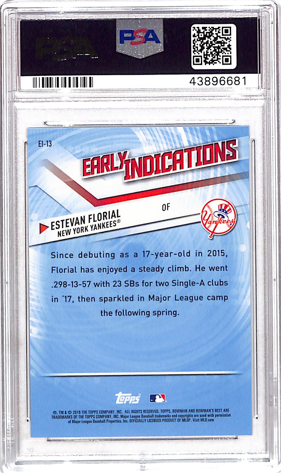 2018 Bowman's Best Early Indications Estevan Florial #EI-13 Atomic PSA 10