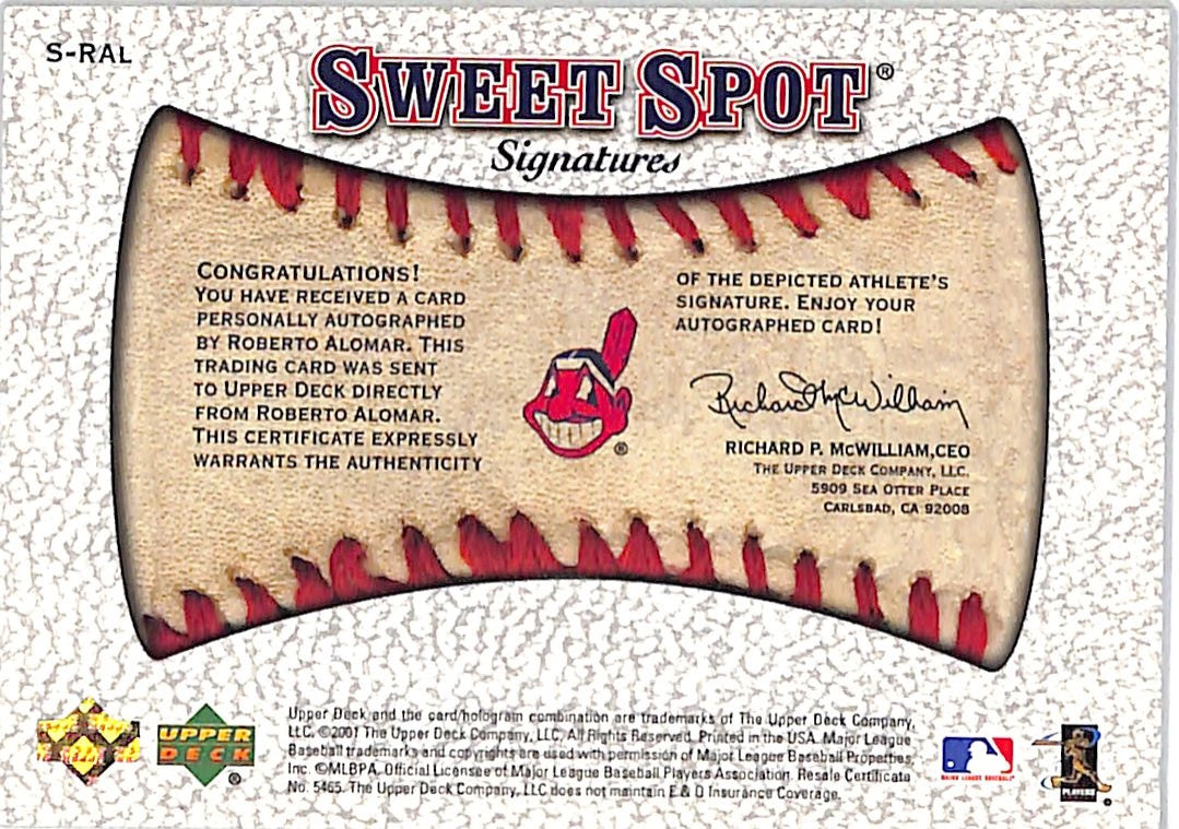 2001 Upper Deck Sweet Spot Roberto Alomar Auto #S-RAL Cleveland Indians
