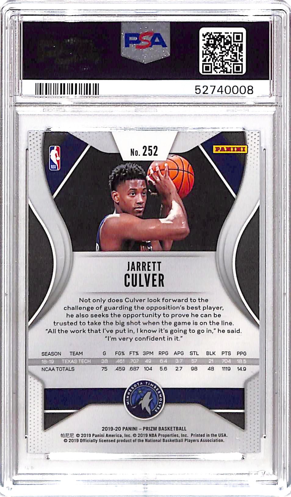 2019 Panini Prizm Jarrett Culver #252 PSA 10