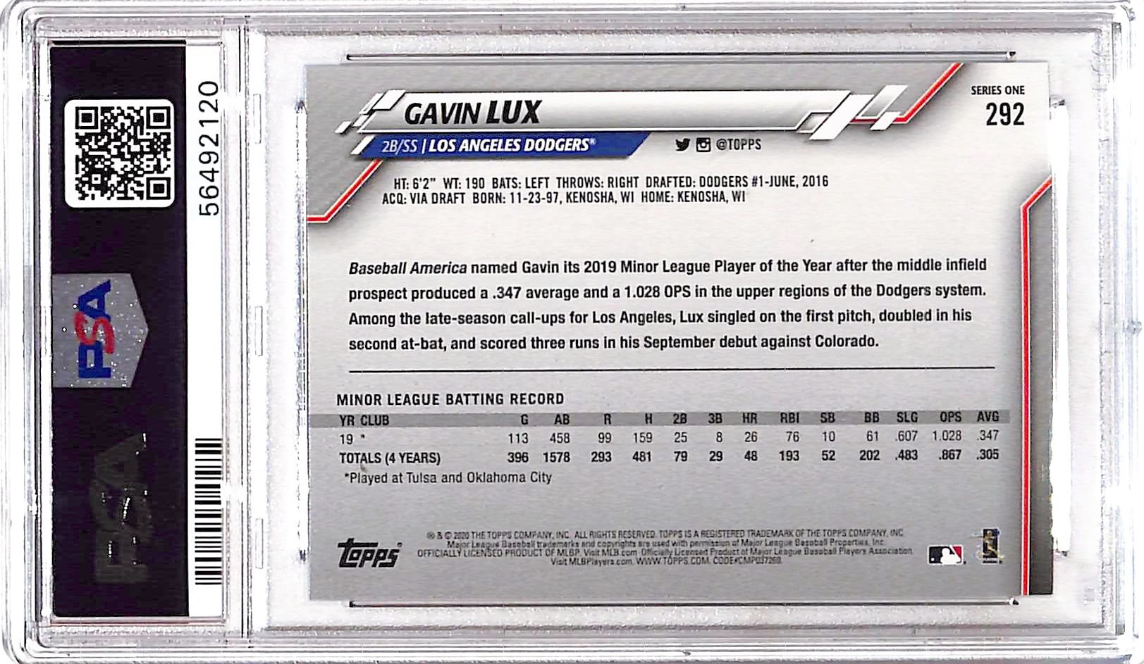 2020 Topps Gavin Lux #292 PSA 10