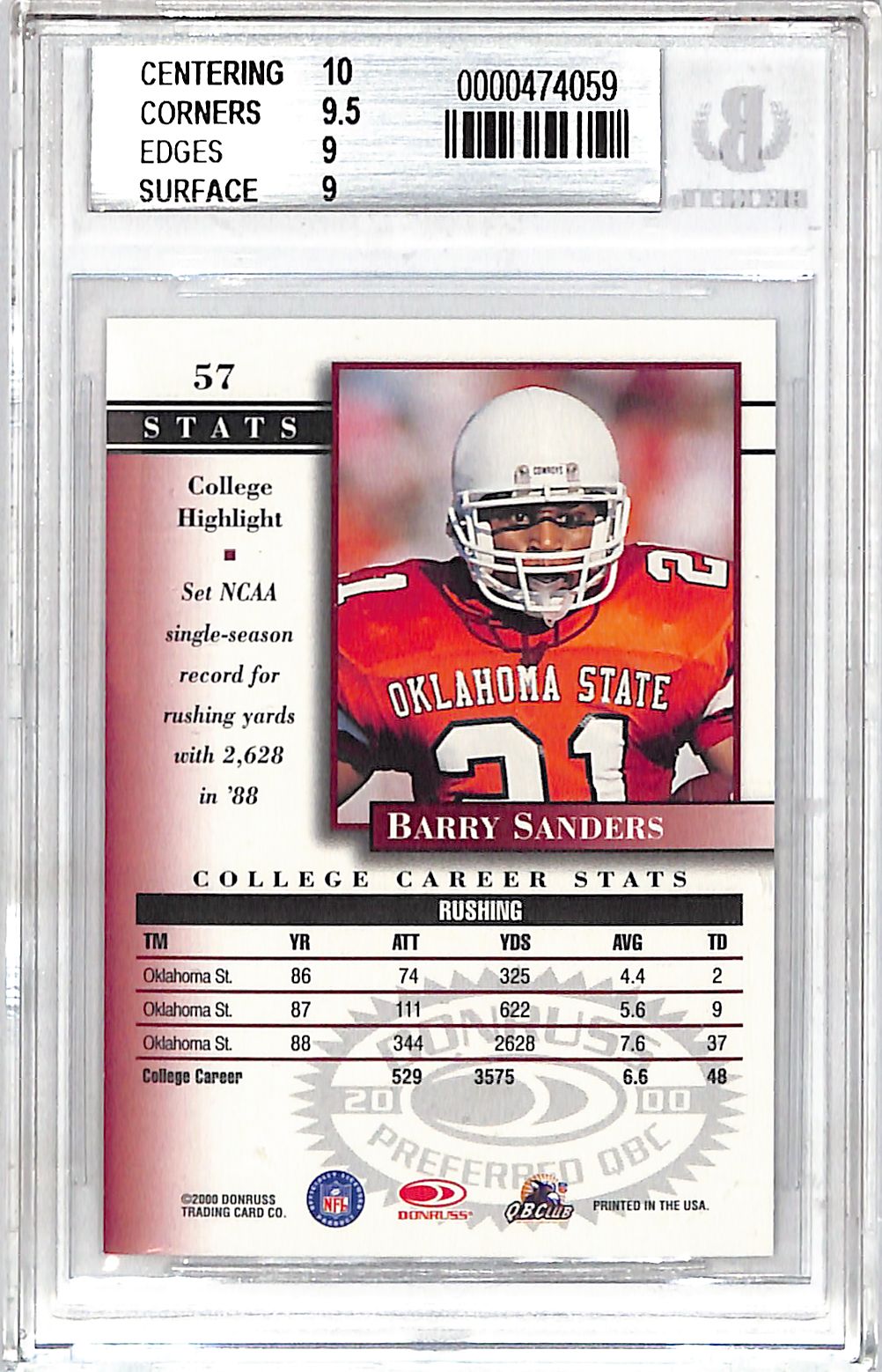 2000 Donruss Preferred QBC Barry Sanders /1125 #57 BGS 9 Oklahoma State