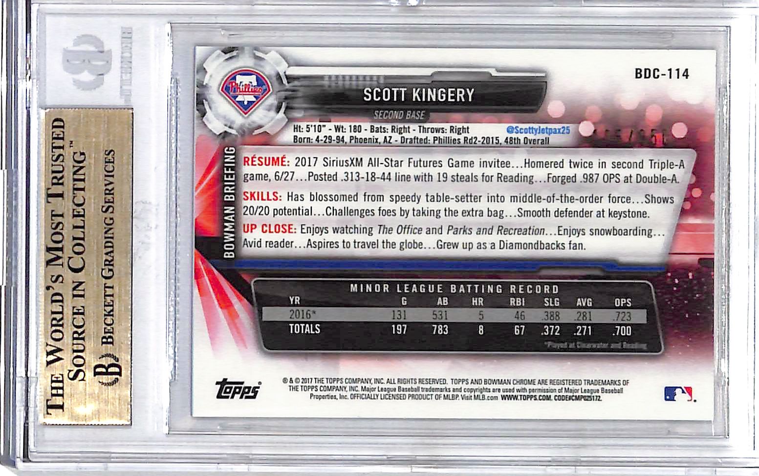 2017 Bowman Chrome Draft Purple Refractors Scott Kingery #BDC114 BGS 9.5