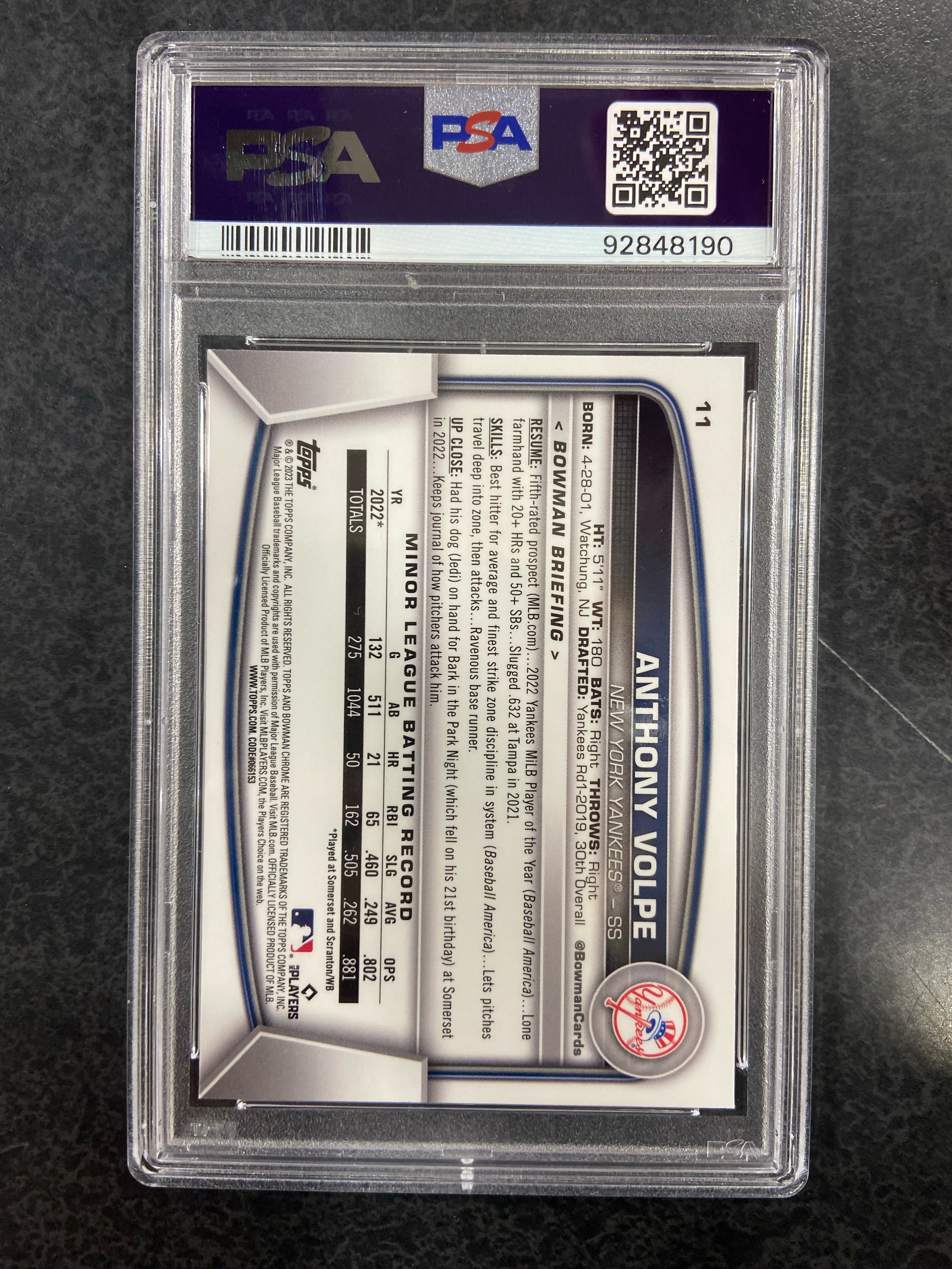 2023 Bowman Chrome Sapphire Edition Anthony Volpe Rookie #11 PSA 10 Gem Mint