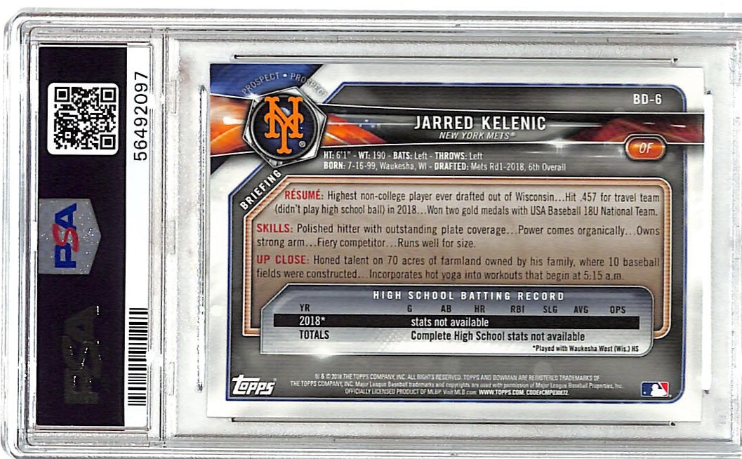 2018 Bowman Draft Jarred Kelenic Rookie #BD6 PSA 10 New York Mets