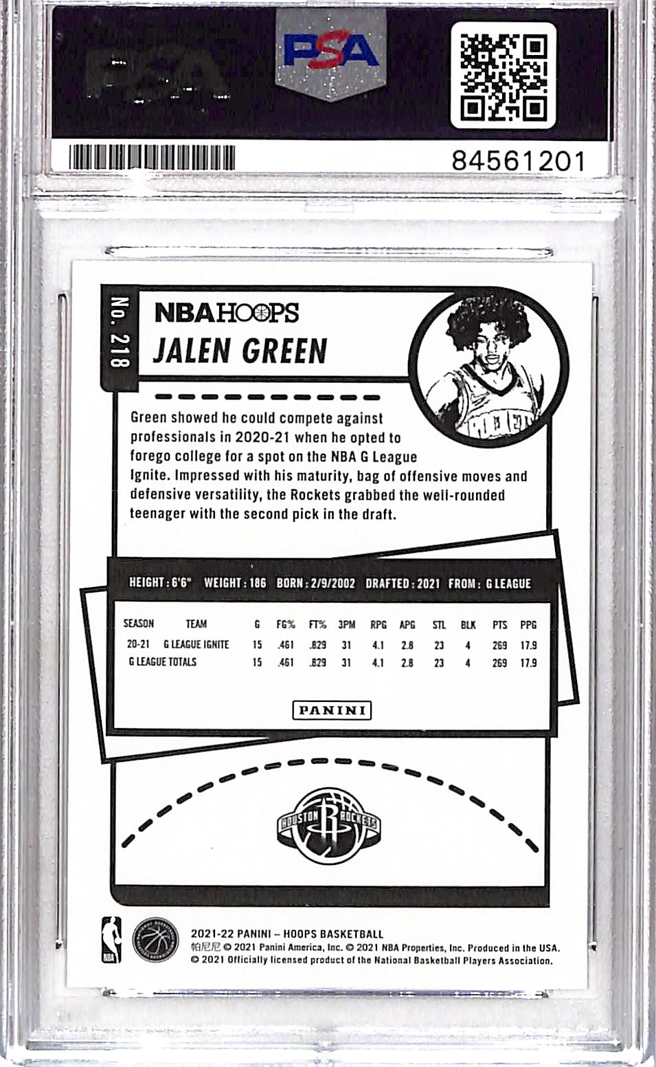 2021-22 Panini Hoops Jalen Green Auto Autograph Rookie #218 PSA Authentic
