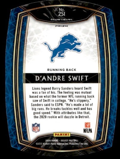 2020 Panini Select D'Andre Swift Blue Die Cut Rookie RC #251 Detroit Lions