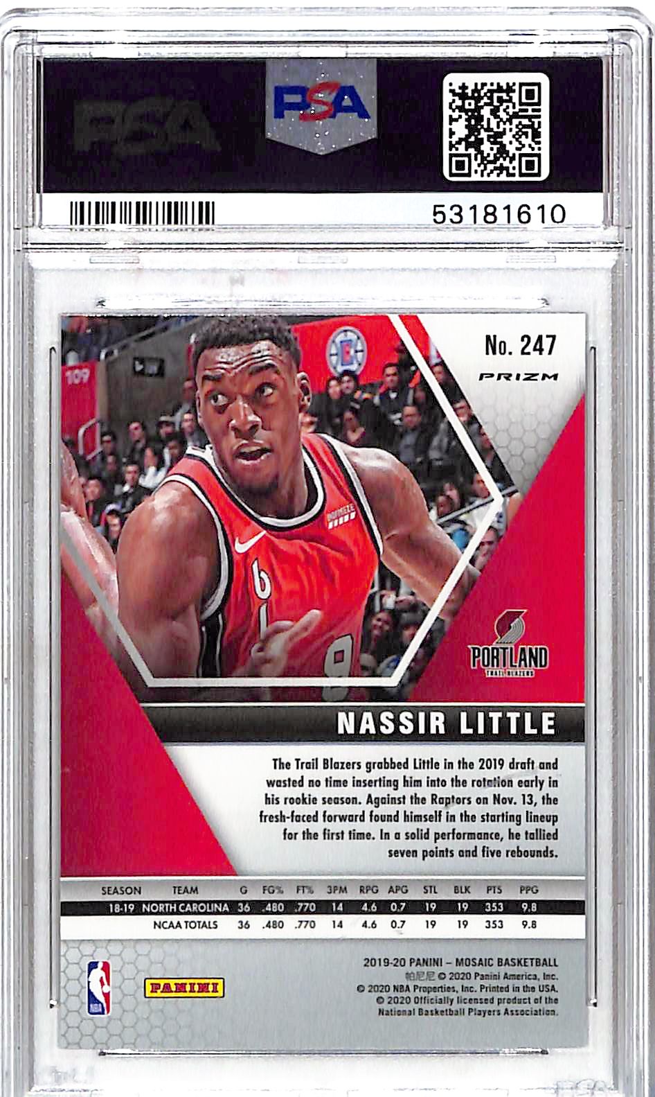 2019 Panini Mosaic Nassir Little Red Rookie #247 PSA 10 Portland Trail Blazers