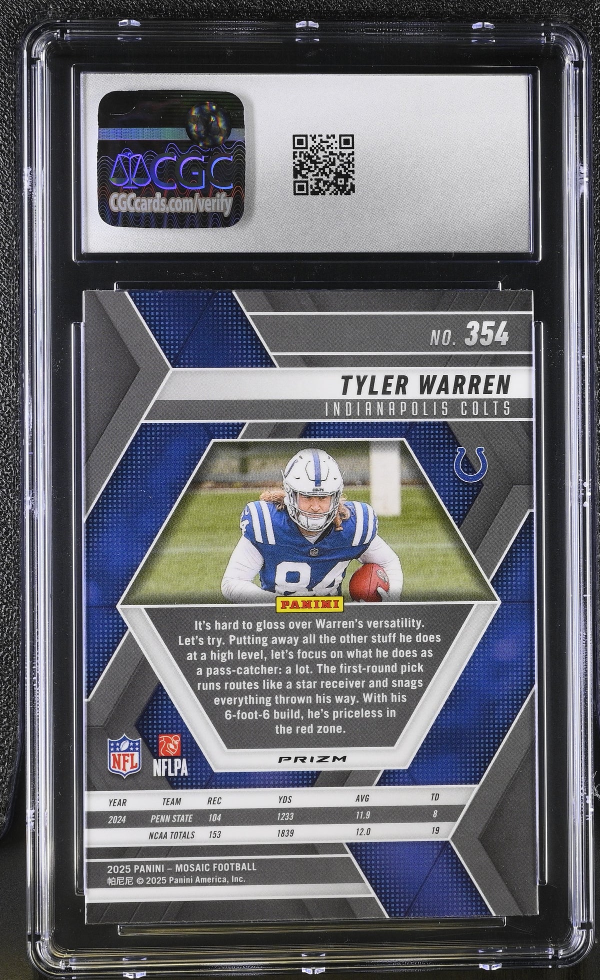 2025 Panini Mosaic Tyler Warren Mosaic Rookie #354 CGC 9.5 Indianapolis Colts