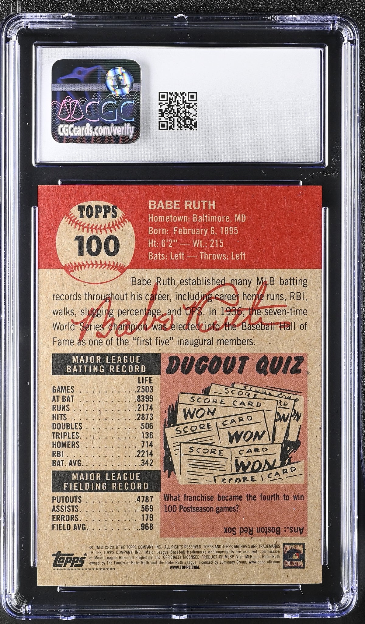 2018 Topps Living Set Babe Ruth #100 CGC 9.5