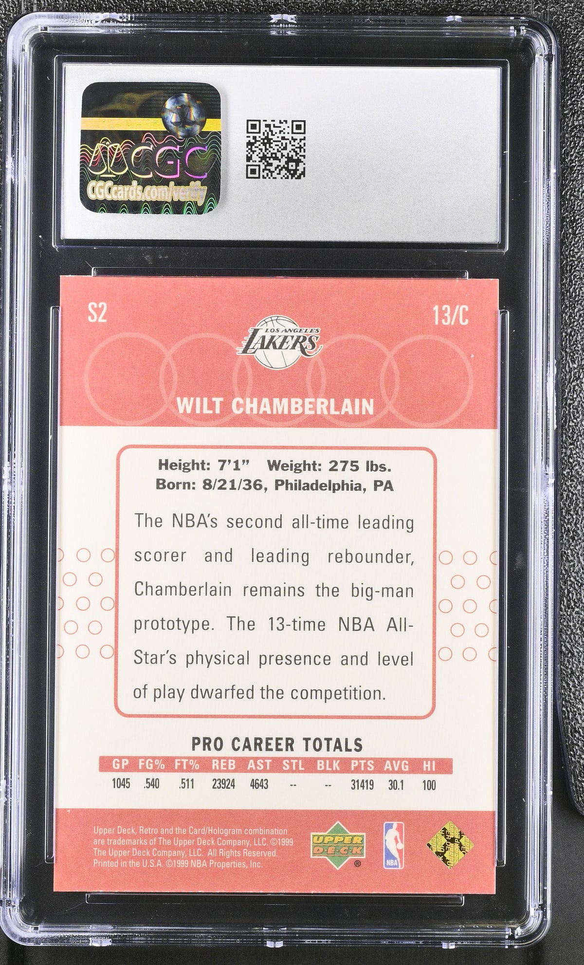 1999-00 Upper Deck Retro Wilt Chamberlain Old School/New School S2 CGC 10 Lakers