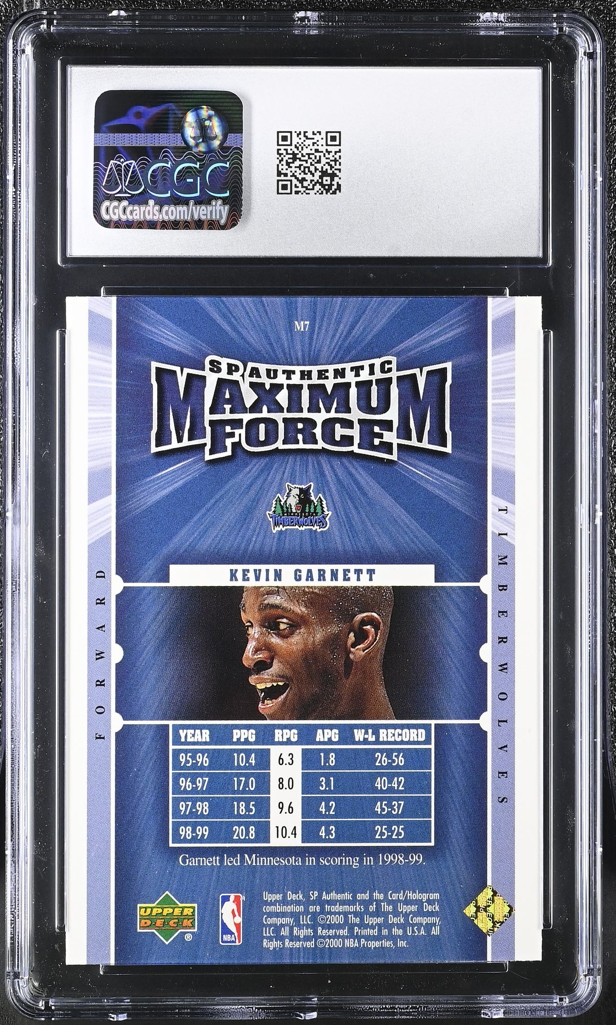 1999-00 SP Authentic Kevin Garnett #M7 Maximum Force CGC 9
