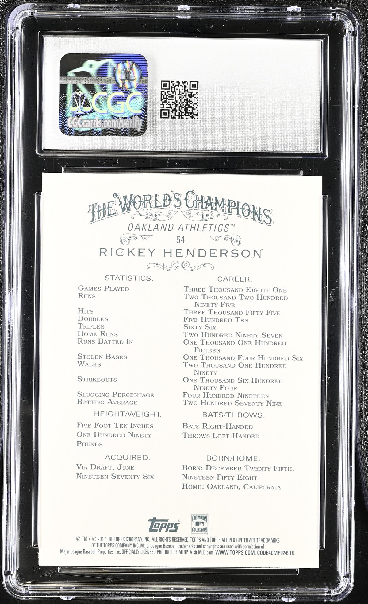 2017 Topps Allen & Ginter Rickey Henderson Hot Box Foil #54 CGC 10 Athletics