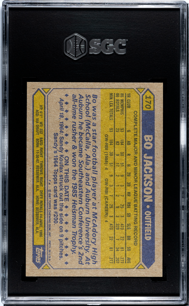 1987 Topps Bo Jackson Rookie #170 SGC 9 Kansas City Royals