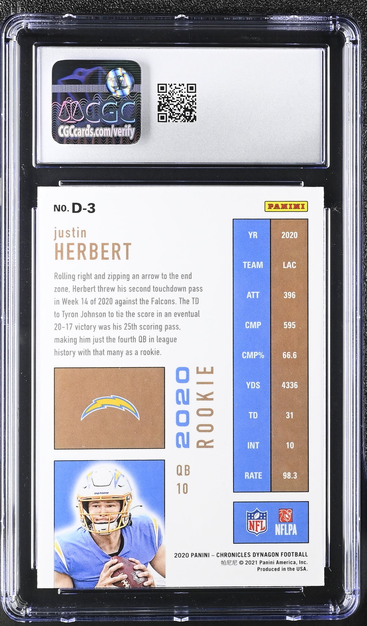 2020 Panini Chronicles Justin Herbert Rookie Dynagon #D-3 CGC 9.5 Chargers