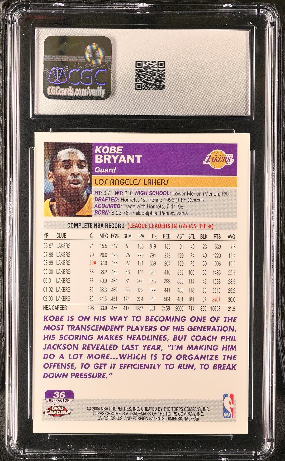 2003-04 Topps Chrome Kobe Bryant Refractor #36 CGC 8.5 Los Angeles Lakers