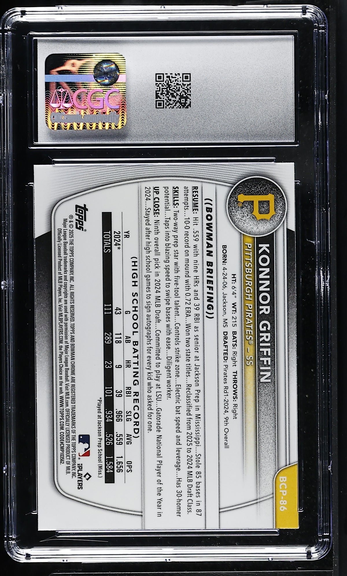 2025 Bowman Mega Box Konnor Griffin Rookie #BCP-86 CGC 10 Pittsburgh Pirates