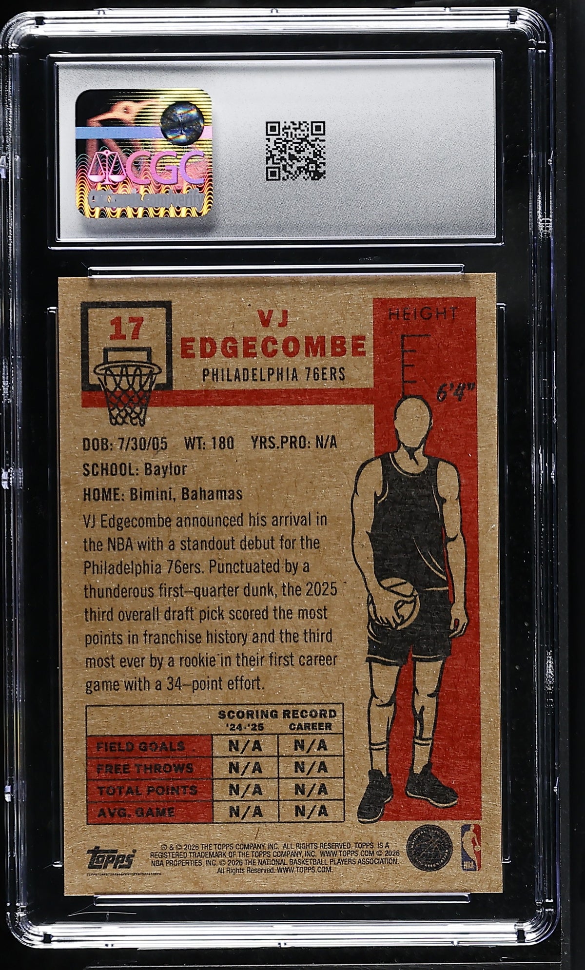 2025-26 Topps Living Set VJ Edgecombe Rookie #17 CGC 10 Philadelphia 76ers