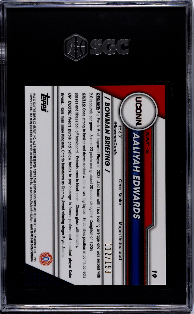 2023 Bowman U Chrome Aaliyah Edwards Blue Refractor /199 Rookie #19 SGC 10 UConn