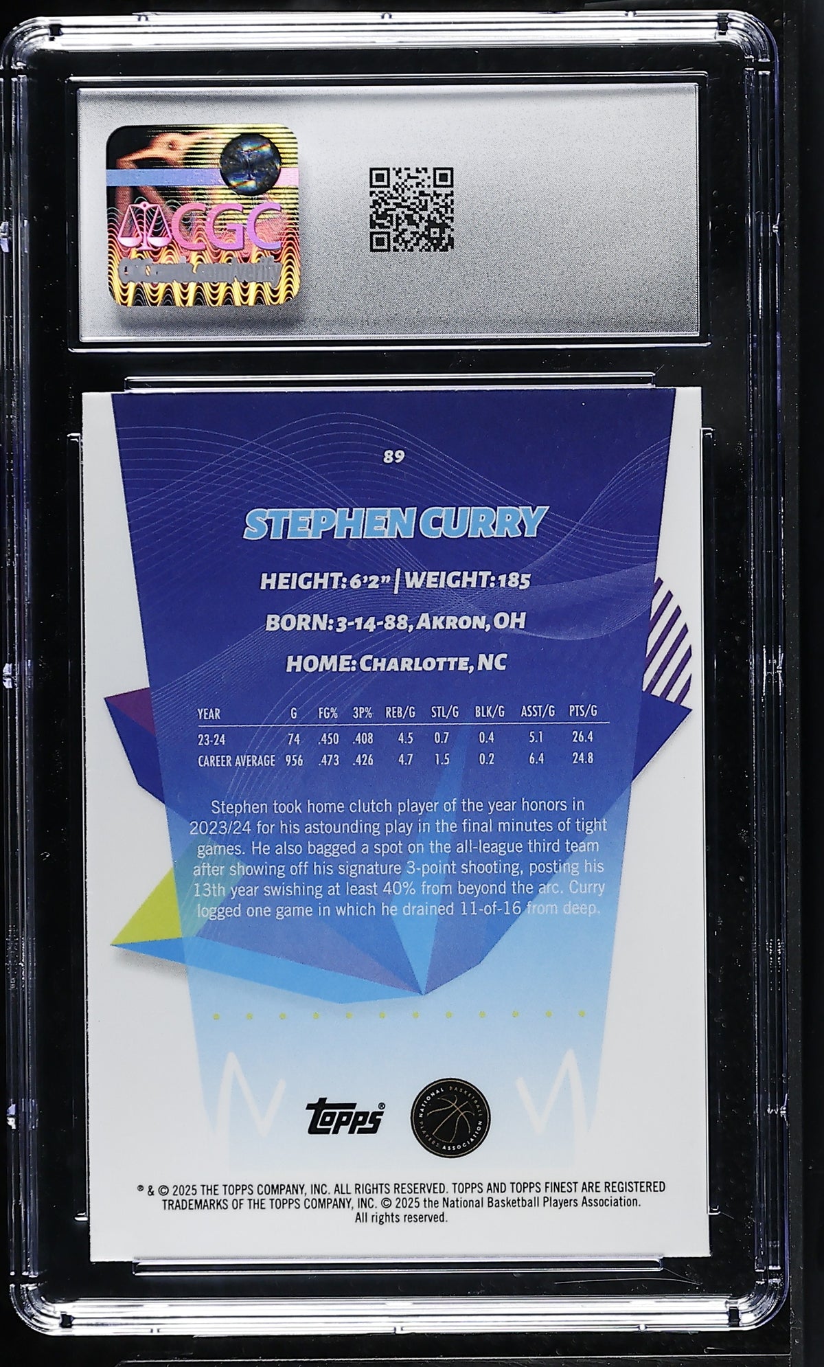 2024-25 Topps Finest Stephen Curry Purple X-Fractor /150 #89 CGC 9.5 Warriors