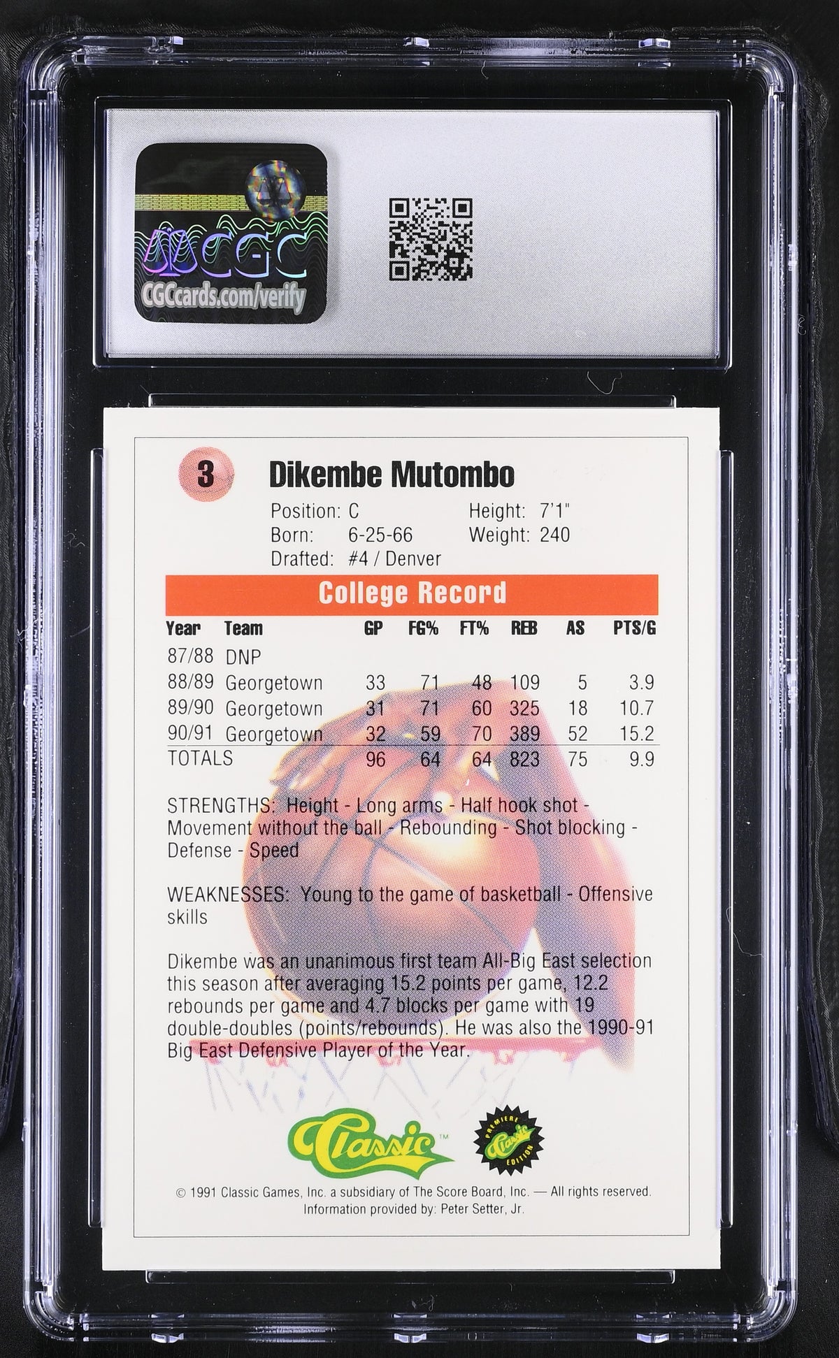 1991 Classic Dikembe Mutombo Rookie #3 CGC 9.5 Denver Nuggets
