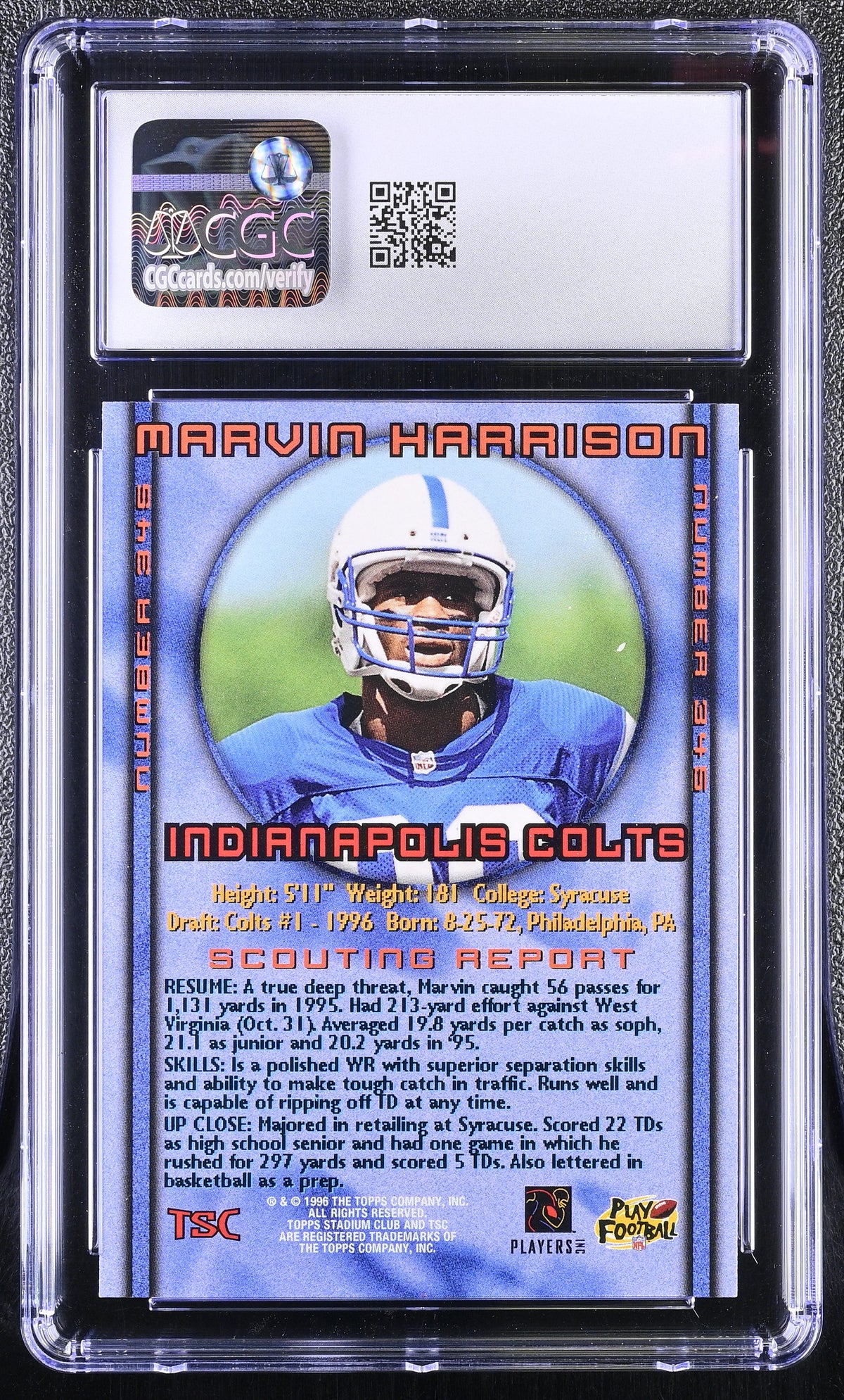 1996 Stadium Club Marvin Harrison Rookie #345 CGC 9.5 Indianapolis Colts