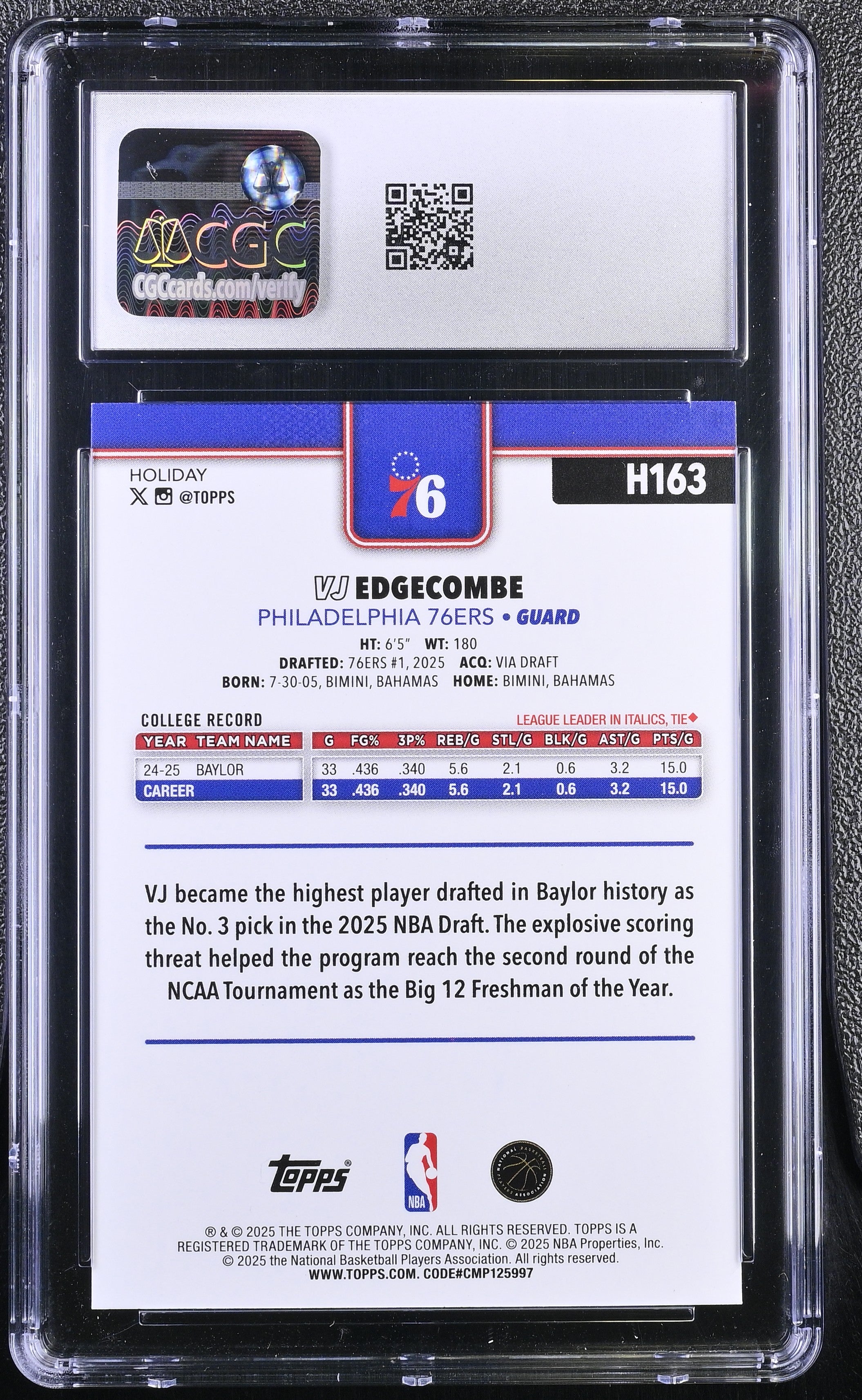 2025-26 Topps Holiday VJ Edgecombe #H163 CGC 10