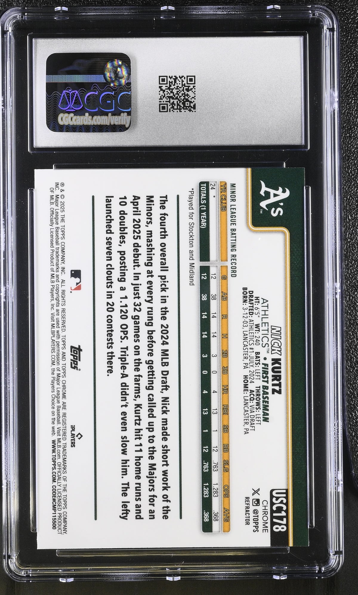 2025 Topps Chrome Update Nick Kurtz Refractor Rookie #USC178 CGC 9 Athletics