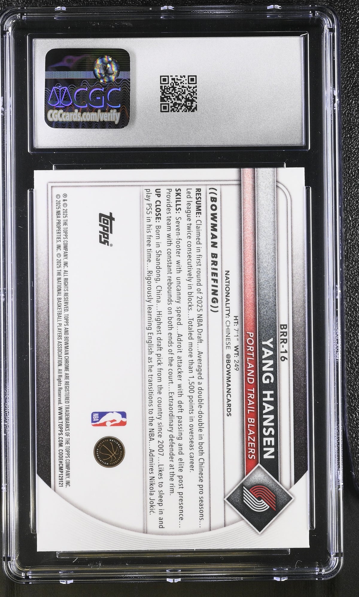 2025-26 Bowman Yang Hansen Red Rookie Redemption #BRR-16 CGC 10 Trail Blazers
