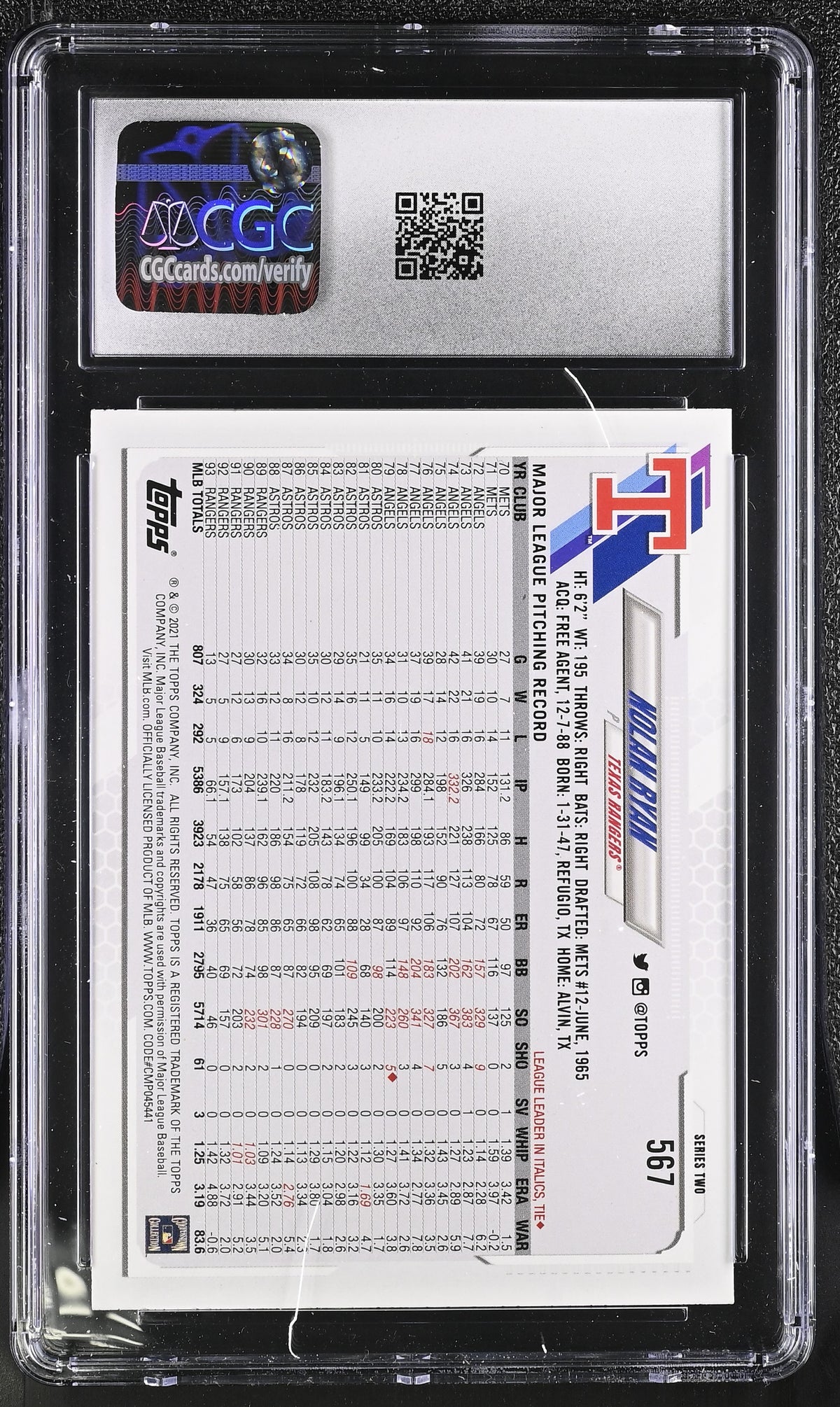 2021 Topps Nolan Ryan Variation #567 CGC 9 Texas Rangers