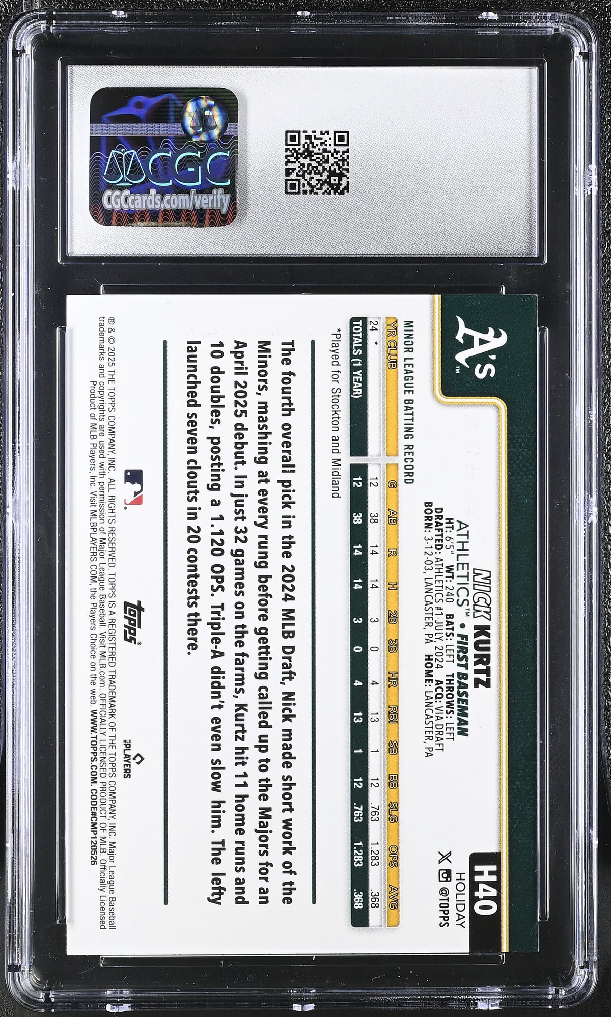 2025 Topps Holiday Nick Kurtz Silver Glitter Rookie #H40 CGC 10 Athletics