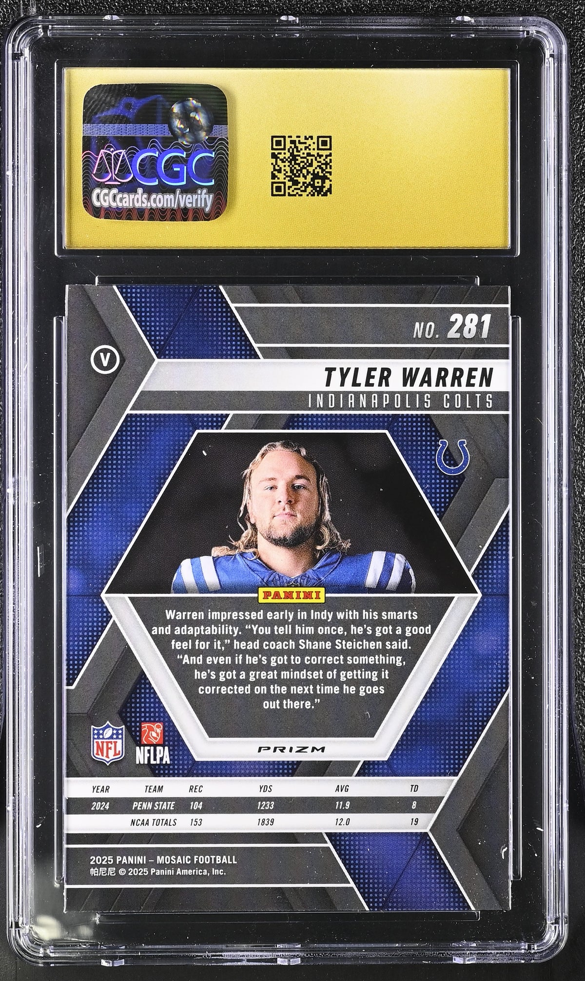 2025 Panini Mosaic Tyler Warren Variation Green Rookie 281 CGC 10 Pristine Colts