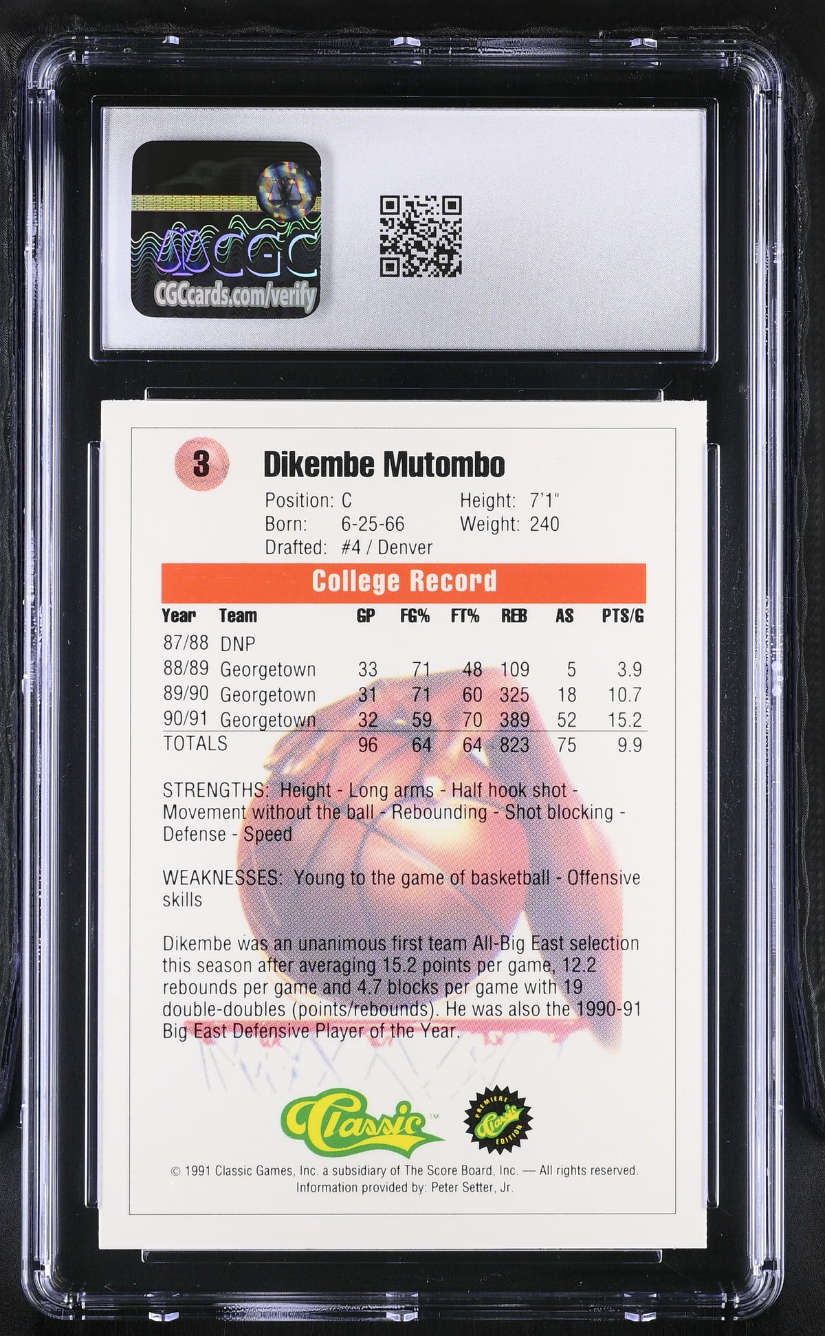 1991 Classic Dikembe Mutombo Rookie #3 CGC 10 Denver Nuggets