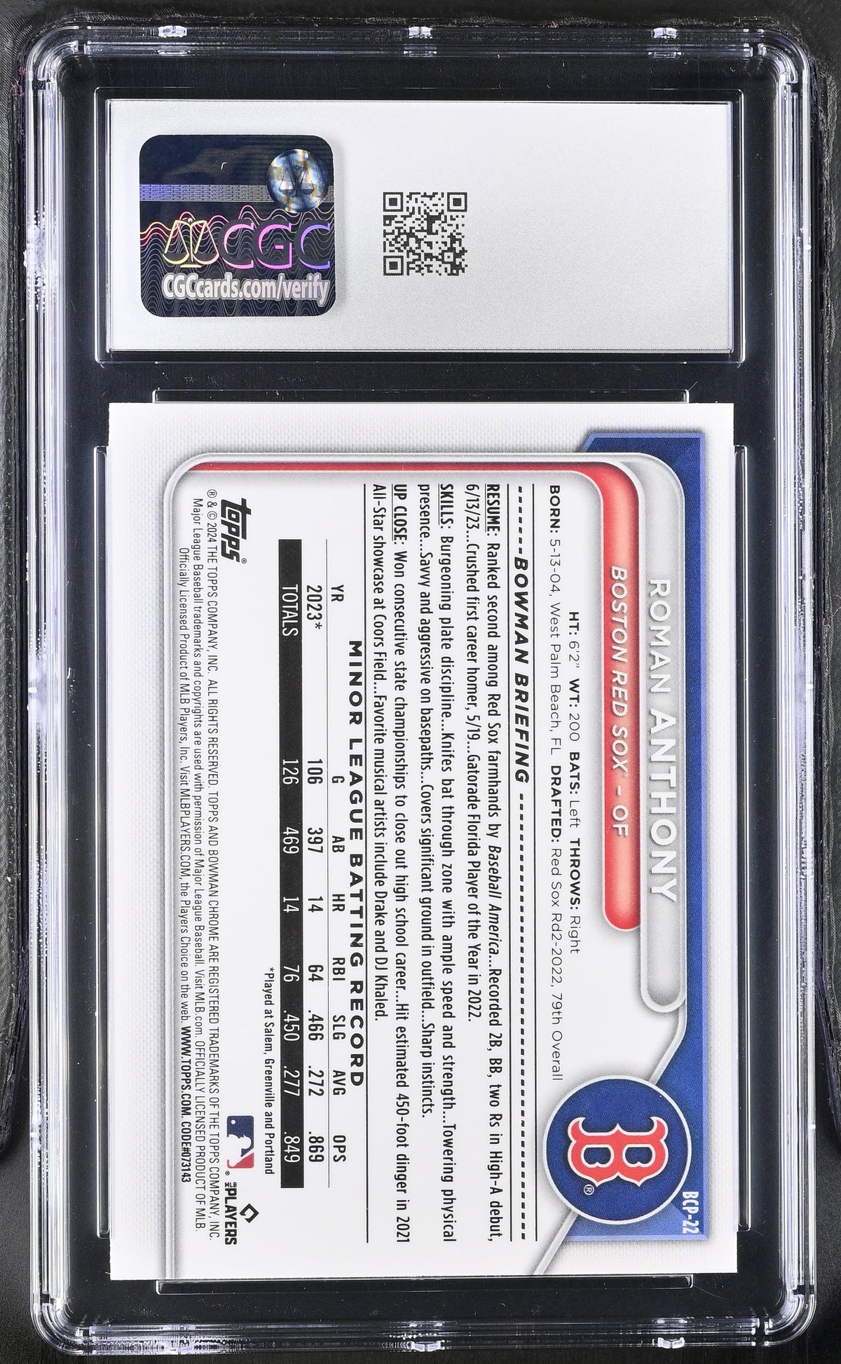 2024 Bowman Roman Anthony Rookie Chrome Prospects #BCP-22 CGC 10 Boston Red Sox