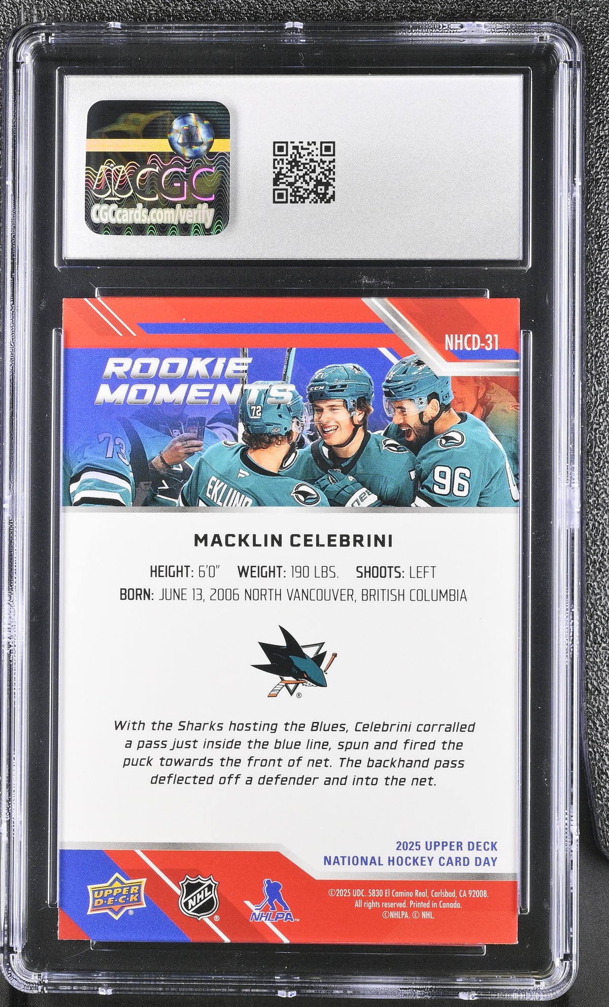 2025 UD Nat'l Hockey Card Day Macklin Celebrini Rookie #NHCD-31 CGC 10 Sharks