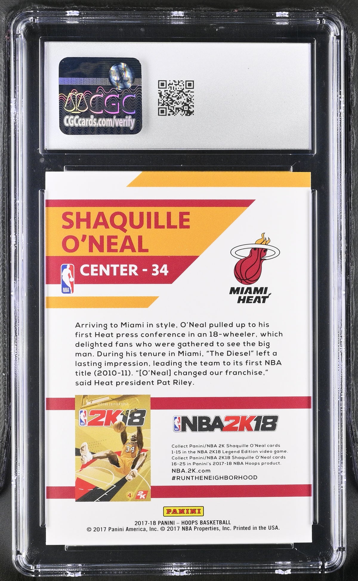 2017-18 Panini Hoops Shaquille O'Neal Foil NBA 2K18 CGC 10 Miami Heat