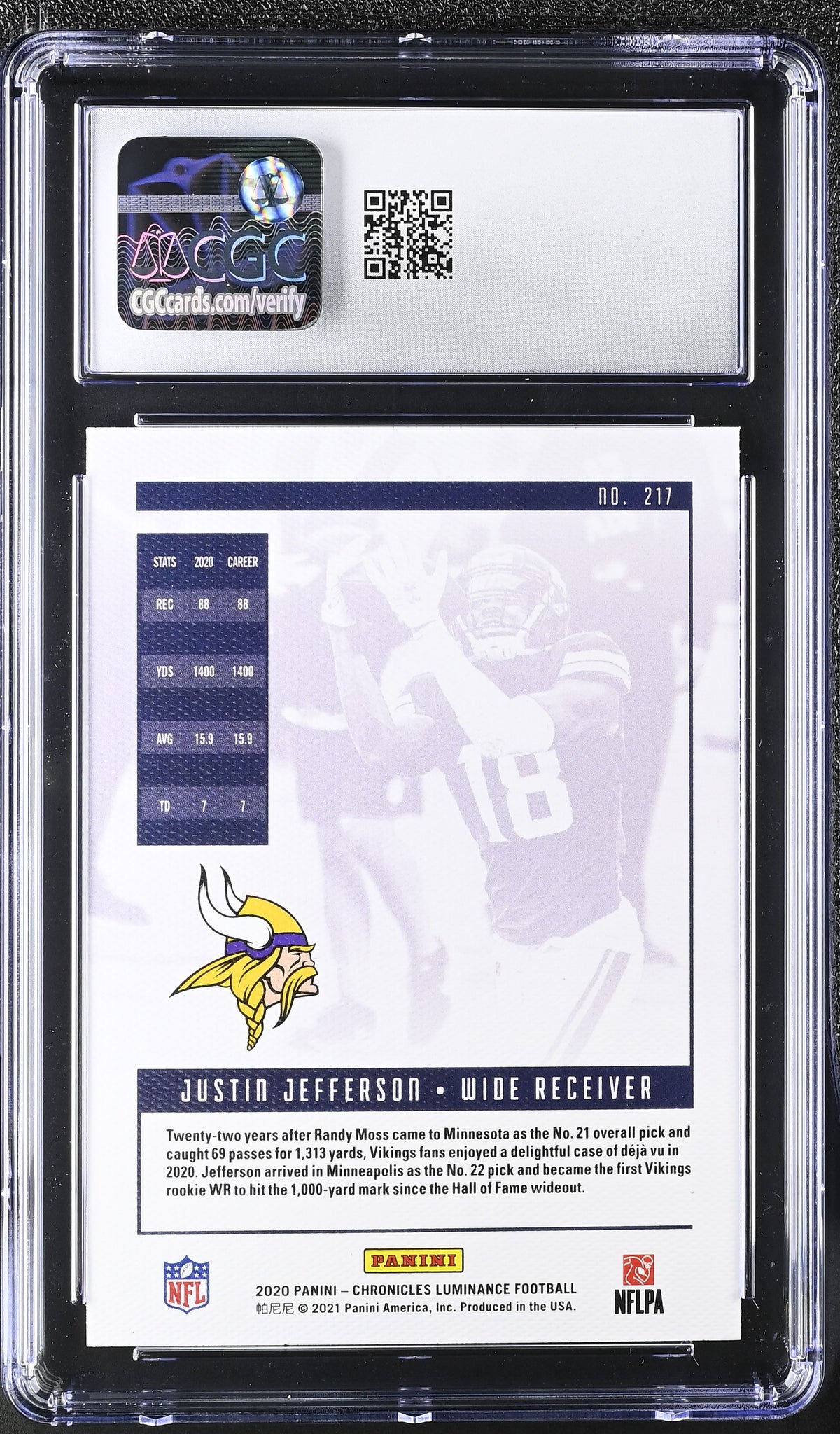 2020 Panini Chronicles Justin Jefferson Rookie Luminance #217 CGC 9.5 Vikings