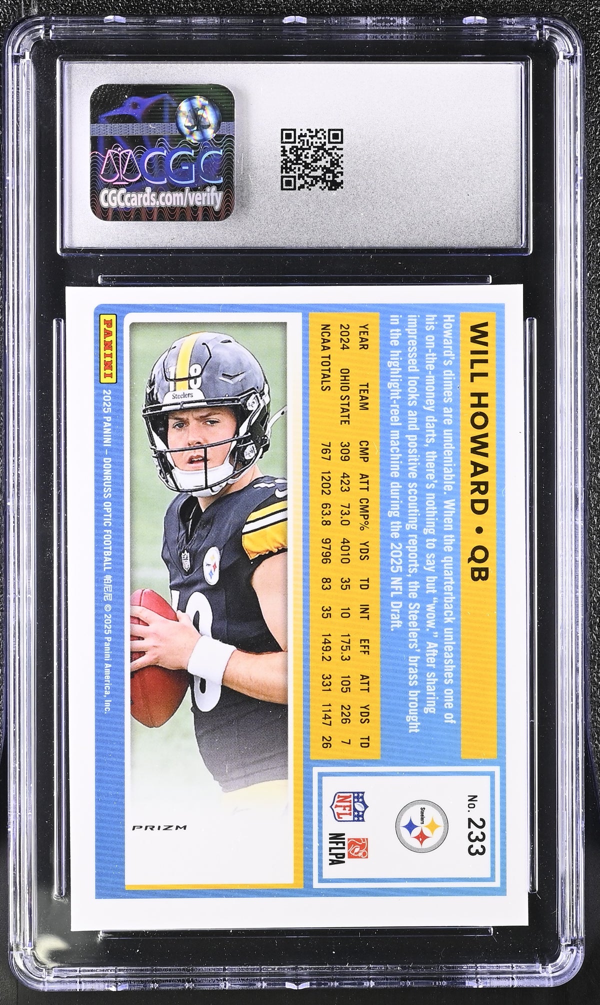 2025 Donruss Optic Will Howard Holo Rookie #233 CGC 10 Pittsburgh Steelers