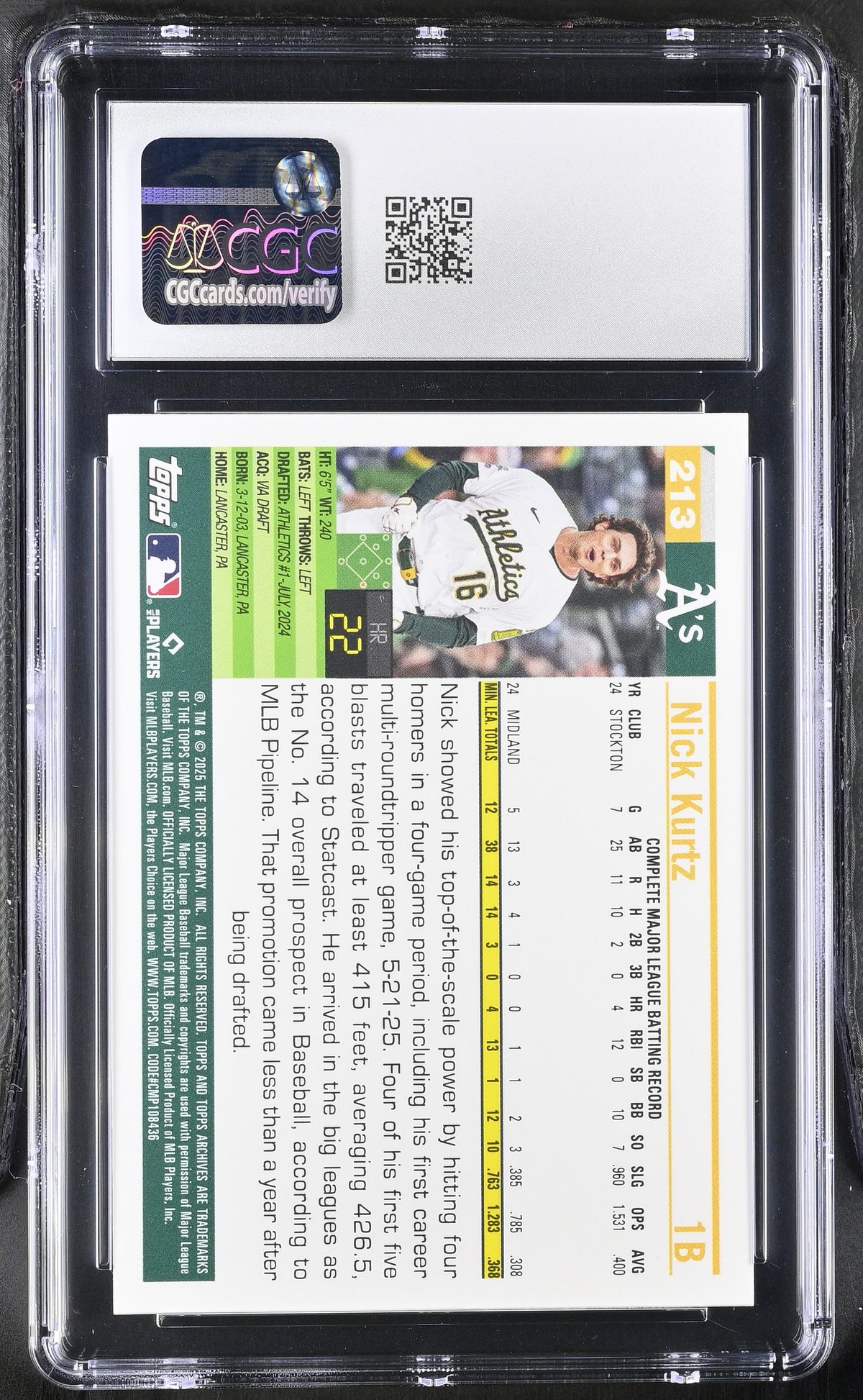 2025 Topps Archives Nick Kurtz Rookie #213 CGC 10 Oakland Athletics