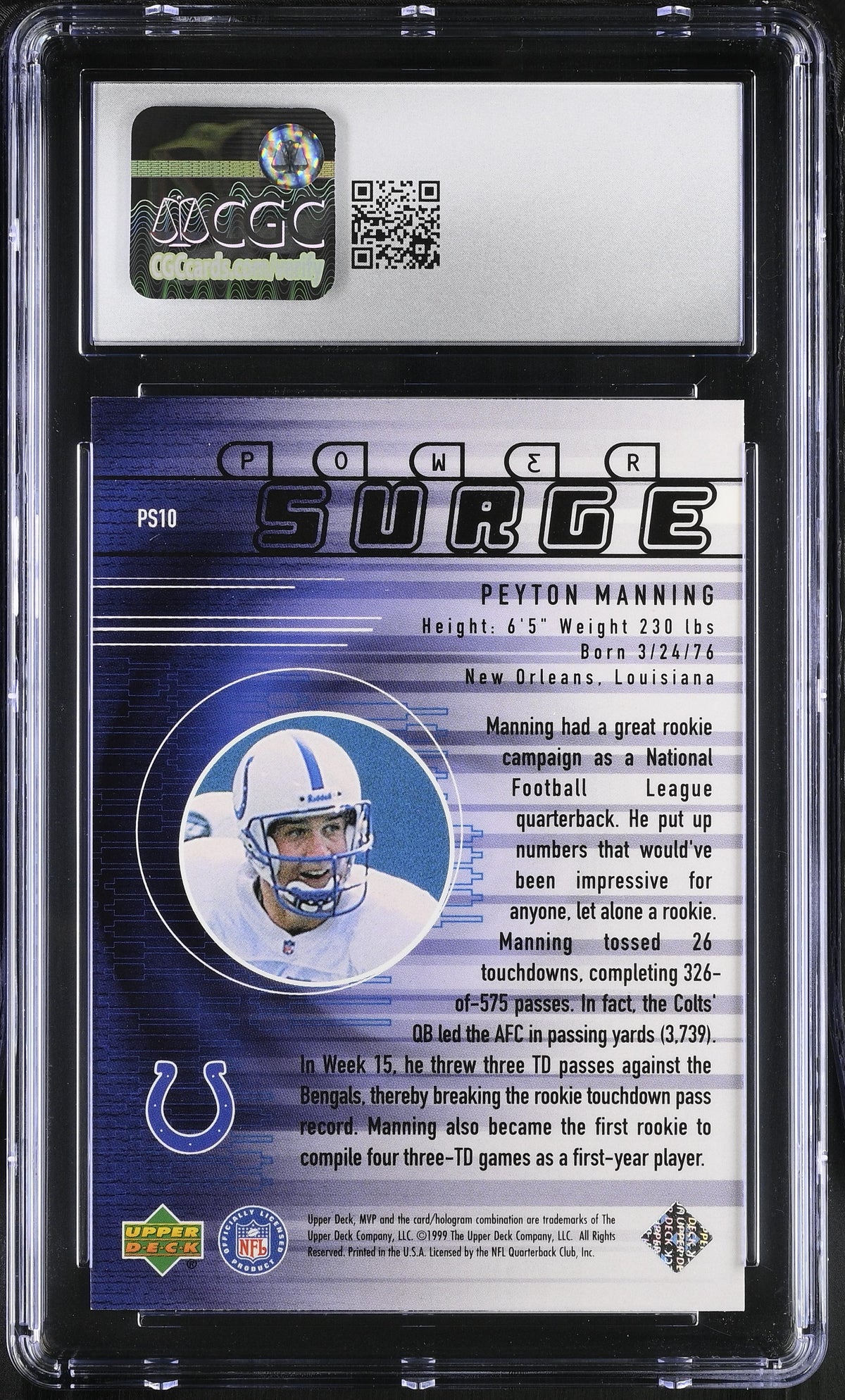 1999 Upper Deck MVP Peyton Manning Power Surge #PS10 CGC 9.5 Indianapolis Colts