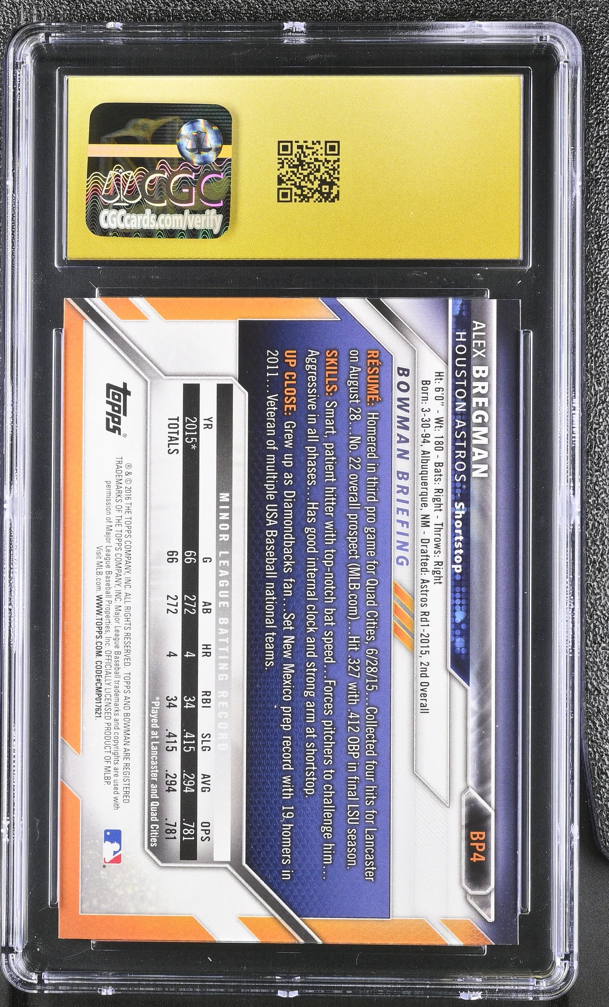 2016 Bowman Alex Bregman Rookie Prospects #BP4 CGC 10 Pristine Astros