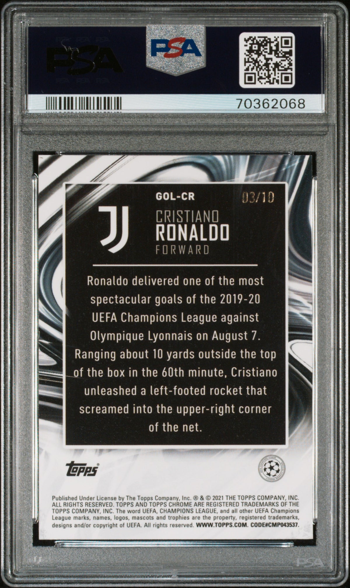 2020 Topps Chrome UEFA Golazo Cristiano Ronaldo Red /10 #GOLCR PSA 9 Juventus