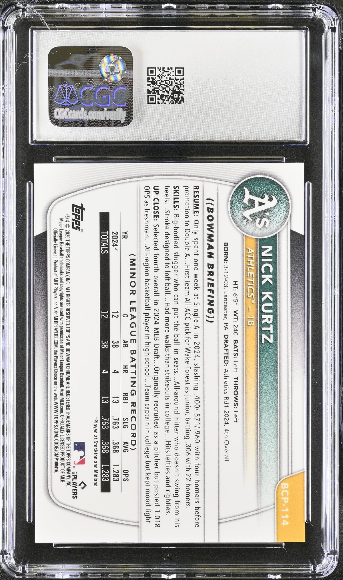 2025 Bowman Nick Kurtz FireFractor /3 Rookie Chrome Prospects #BCP-114 CGC 9