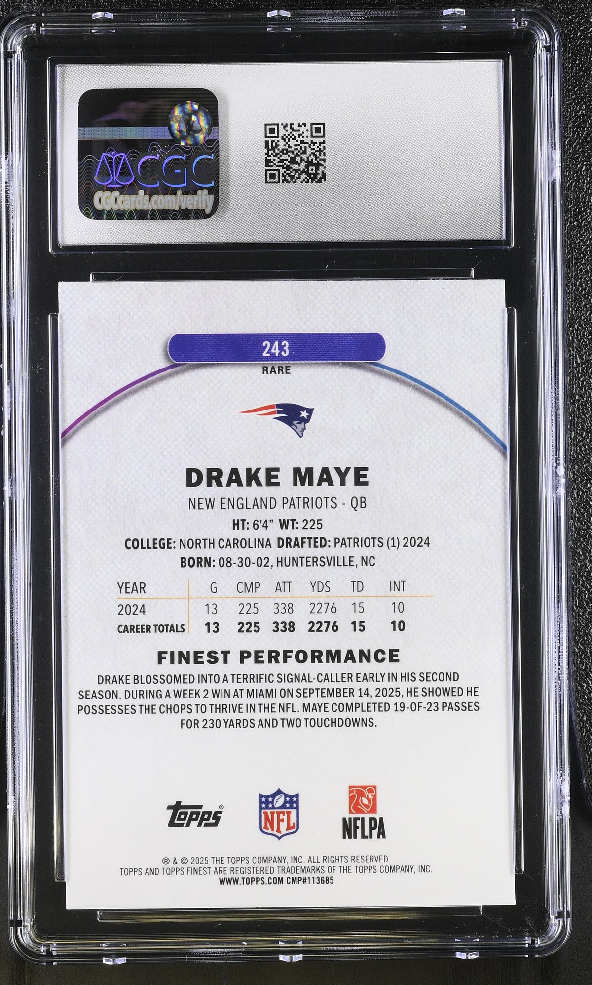 2025 Topps Finest Drake Maye Sky Blue Refractor /150 #243 CGC 9 Patriots