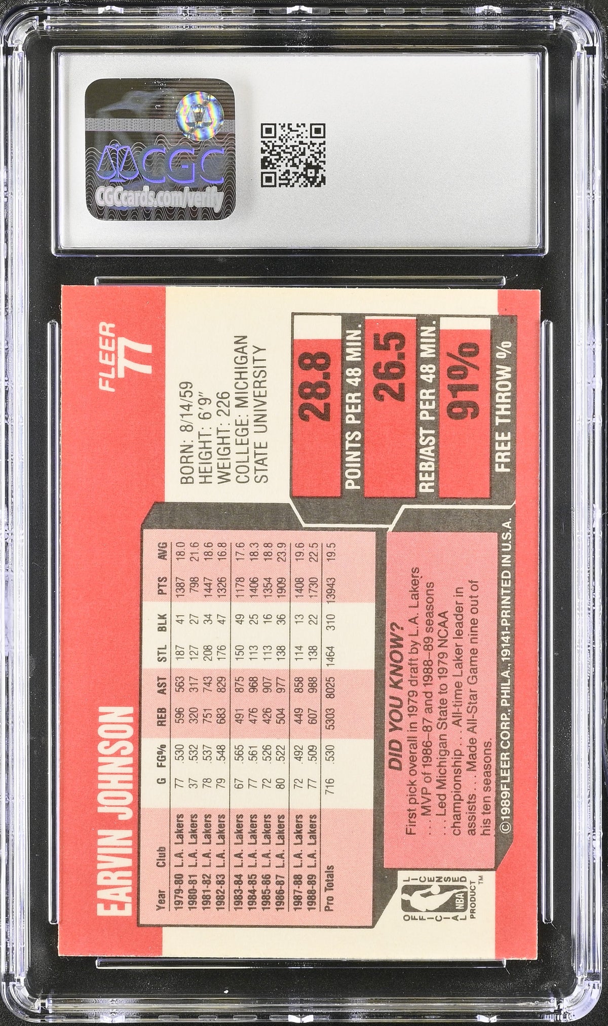 1989-90 Fleer Magic Johnson #77 CGC 9 Los Angeles Lakers
