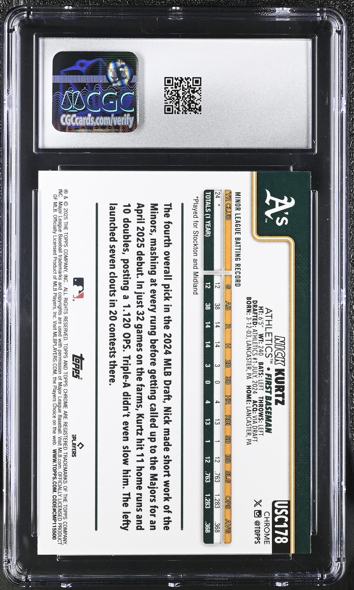 2025 Topps Chrome Update Nick Kurtz Sepia Refractor Rookie CGC 9 Athletics