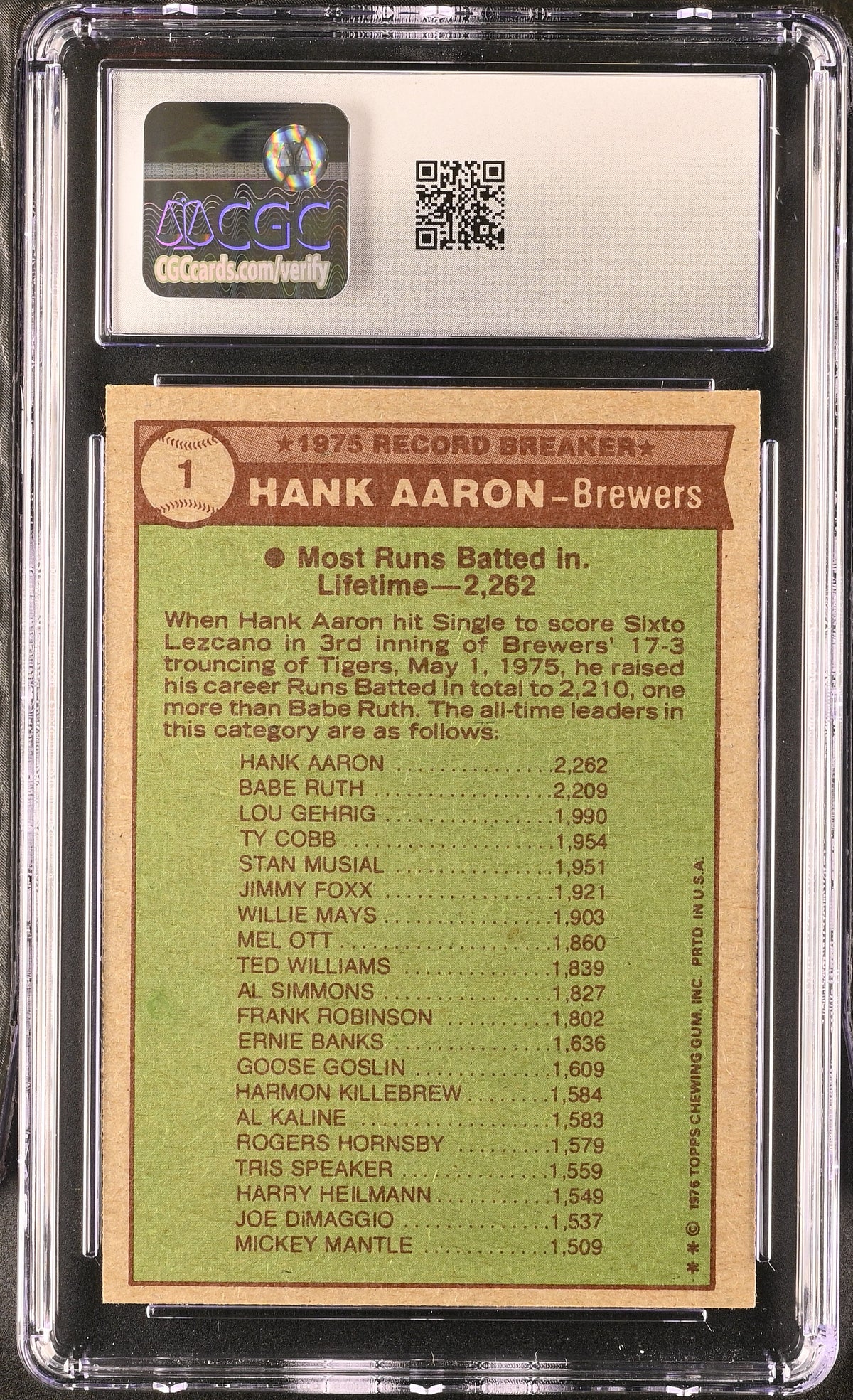 1976 Topps Hank Aaron '75 Record Breaker #1 CGC 7 Milwaukee Brewers