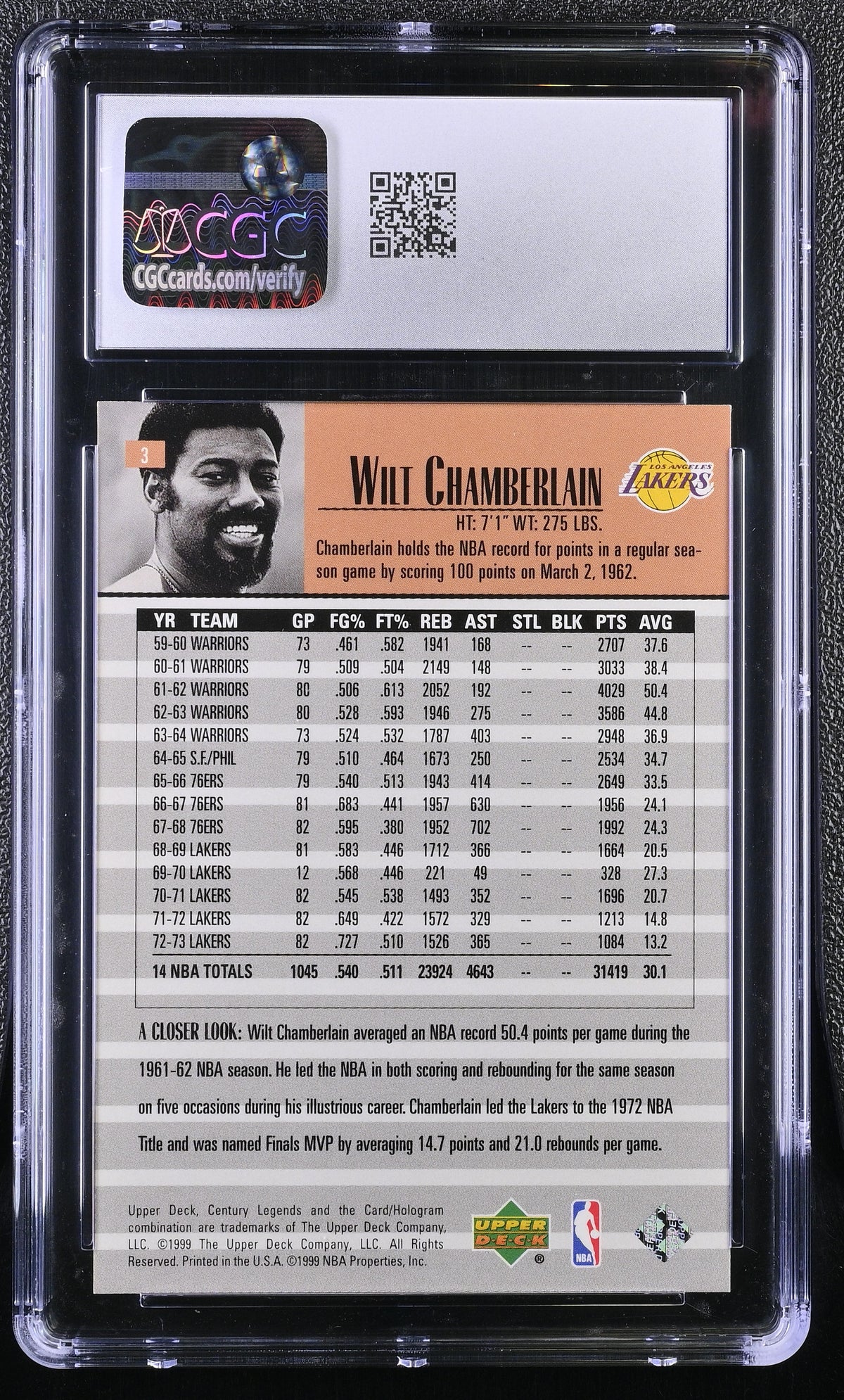 1999-00 Upper Deck Century Legends Wilt Chamberlain #3 CGC 9.5 Lakers